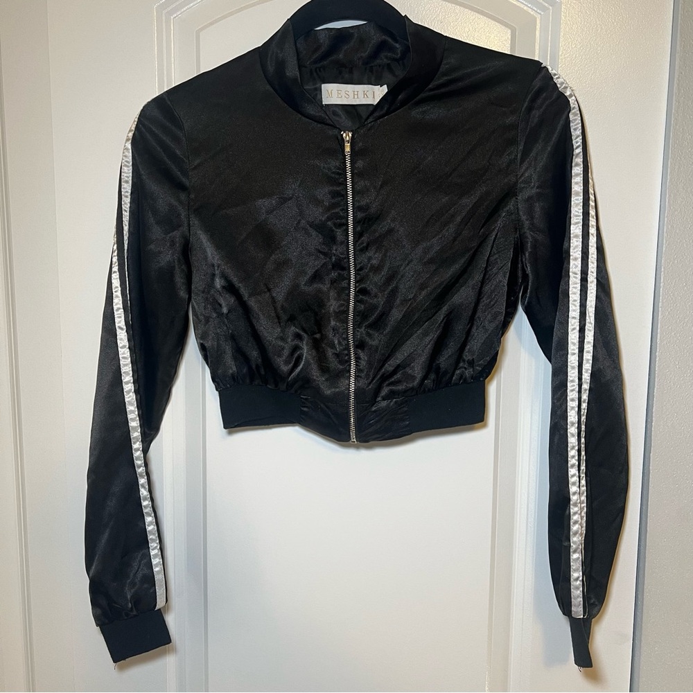 Meshki Striped & Cropped Bomber Jacket